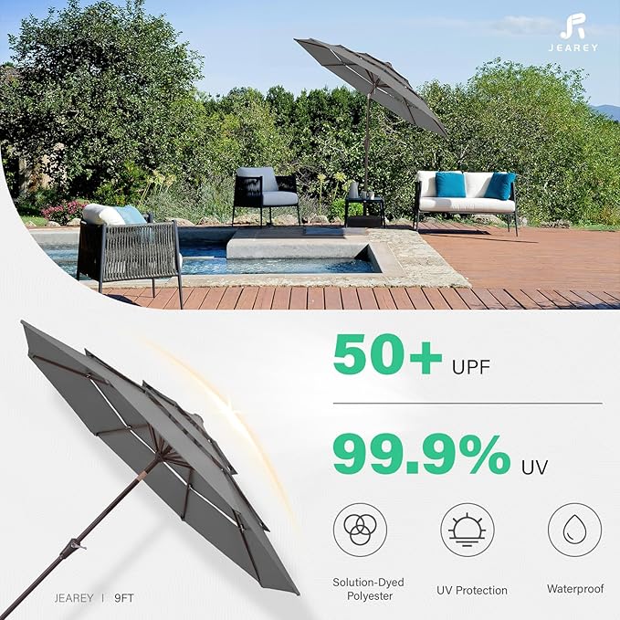 JEAREY 9FT 3 Tier Patio Umbrella Outdoor Market Umbrella Table Umbrellas with 8 Ribs 1.5 Pole Push Button Tilt and Crank UV Protection for Garden,Backyard,Gray