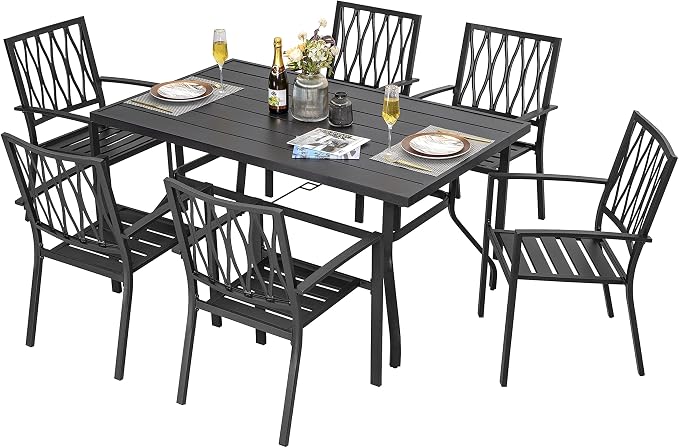 NUU GARDEN 7 Piece Patio Dining Set, 61" Rectangular Outdoor Metal Dining Table with Umbrella Hole, Stackable Outdoor Dining Chairs for Backyard, Deck, Yard, Garden, Black