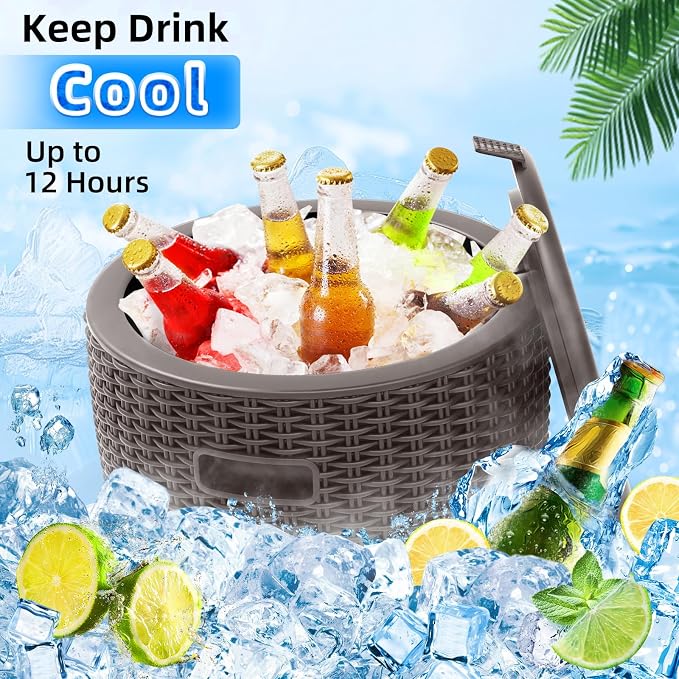Outdoor Ice Cooler Side Table 9.5 Gallon Grey, Rattan Pattern Round Portable Ice Chest with Built-in Handle, Top Lid Side Handles Drainage Plug Bar Table for Patio Decor, Pool, Party