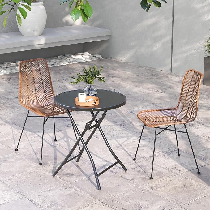 HOMGX 23 Inch Round Folding Bistro Table, Outdoor Patio Side Table with Tempered Glass Tabletop & Heavy-Duty Metal Frame, Portable Foldable Cocktail Table for Balcony, Porch, Deck, Backyard, Poolside