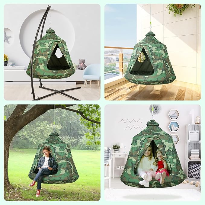 TLSUNNY Hanging Tree Tent for Kids Adults, Hanging Tents Indoor Outdoor 45 H x 44 Diam, Portable Waterproof Play Tent w/LED Lights String, Tree House Swing Pod, Hangout Huggle pod Ceiling Hammock