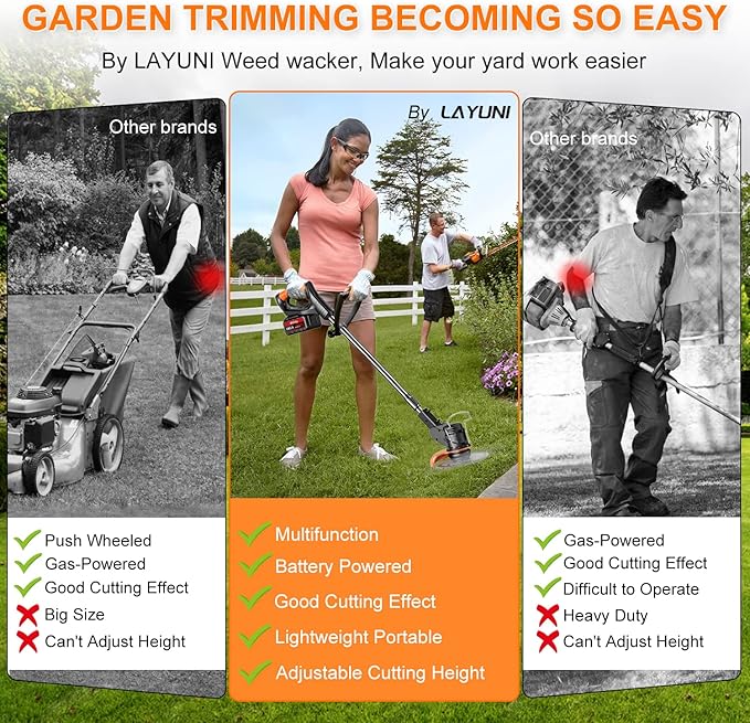 Cordless Weed Wacker with Wheels, 880W Battery Powered Weed Eater with 2 x 21V Batteries, 3-in-1 Electric Grass Trimmer & Brush Cutter with 5 Types Blades, Lightweight Weed Trimmer for Lawn & Garden