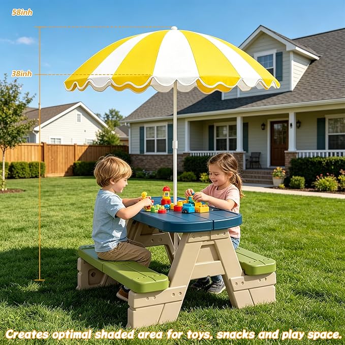 Water Table Umbrella, UV Protection Beach & Picnic Table Umbrella, Heavy Duty Portable Outdoor Shade for Sand Play, Camping, Garden & Backyard. Yellow ﻿