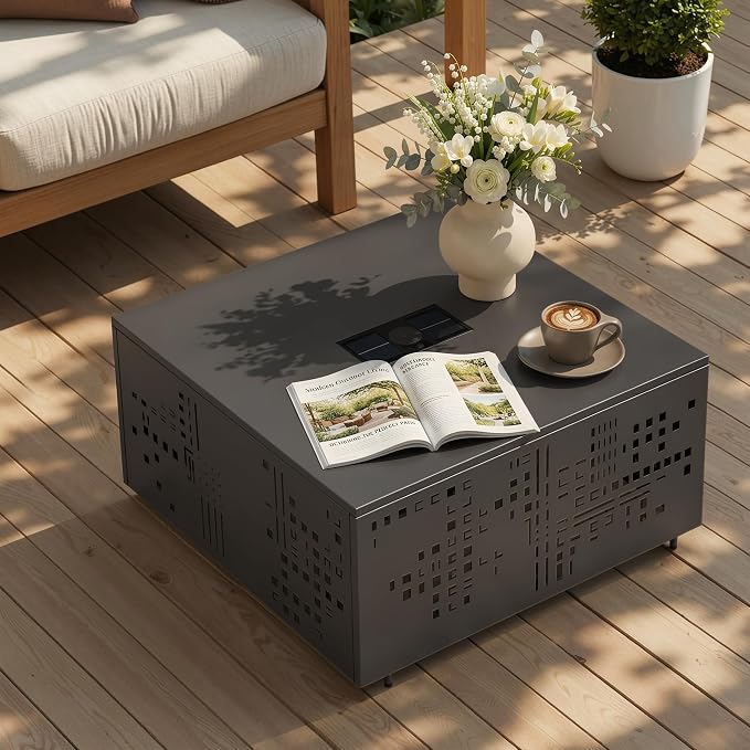 CAODOC 27" Square Outdoor Coffee Table with Umbrella Hole & Solar Light, Rust-Proof Metal Patio Table, Small Minimalist Low Accent Table for Living Room, Balcony, Deck, Backyard, Black