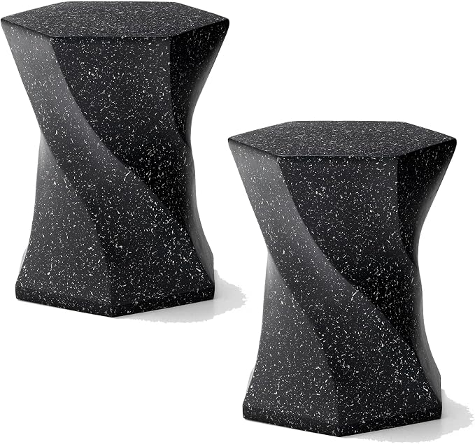 Glitzhome Outdoor Side Table Set of 2, 17.75" H Decorative Garden Stool MGO Twist Faux Terrazzo End Table, Round Planter Stand for Indoor Outdoor Living Room Bedroom Patio Deck Poolside, Black