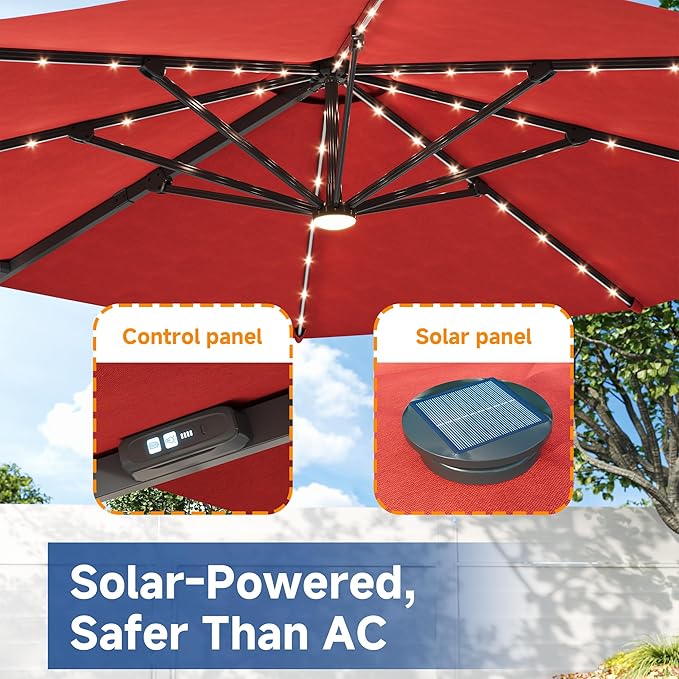 FLAME&SHADE 11ft Cantilever Patio Umbrella with Base, Round Offset Umbrella with Solar Light Strips, Large Heavy Duty Outdoor Aluminum 360° Rotation,for Deck,Pool,Backyard