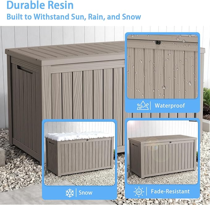 Pepe Tee Waterproof Resin Deck Box, Outdoor Storage Bin for Patio Furniture Cushions, All-Weather Garden Organizer & Seating Bench, Coffee
