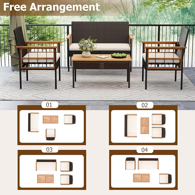 HAPPYGRILL Patio Furniture Set Outdoor Rattan Wicker Conversation Set with Acacia Wood Coffee Table, Chairs, Loveseat & Cushions, for Porch, Garden, Backyard, Poolside (4 Pieces)