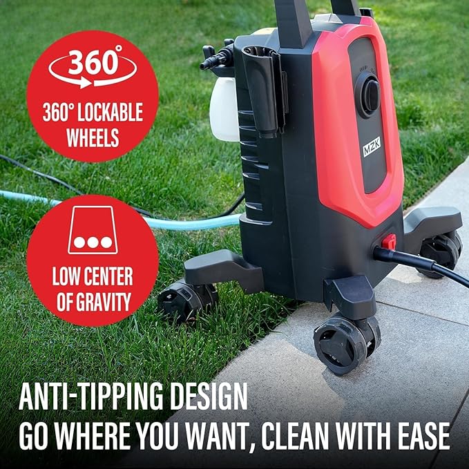 MZK Pressure Washer, 3.0GPM Power Washer with 360° Lockable Wheels and 4 Quick-Connect Nozzles, Foam Cannon for Easy Replacement, High-Pressure Cleaning of Cars, Fences, Driveways