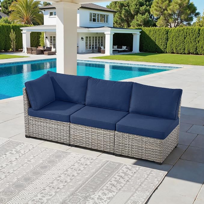 Modular Outdoor Couch Wicker Patio Sofa - High Backrest Wicker Sofa with Removable 4” Cushions All-Weather 3 Seater Seating Patio Couch for Deck Proch Balcony Backyard