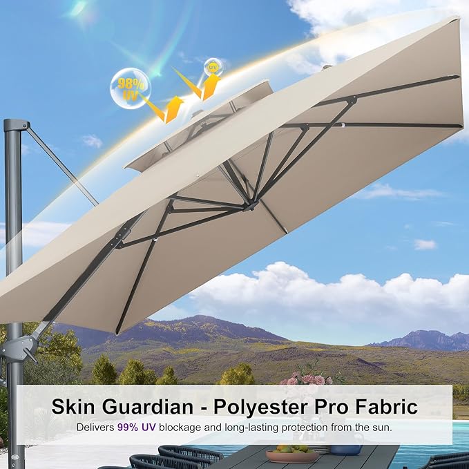 PURPLE LEAF 10' x 13' Cantilever Patio Umbrella Outdoor Umbrella with 330lbs Base Large Rectangular Windproof Offset Umbrella for Pool Deck Garden, Sand Dune
