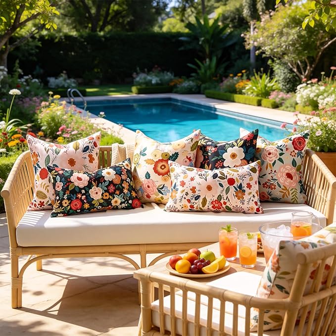 Waterproof Throw Pillow Covers Outdoor Beige Decorative Pillow Covers Summer Floral Accent Square Couch Covers Garden Farmhouse Cushion Cases 16x16 Inch Set of 2 for Patio Tent Balcony Furniture Sofa