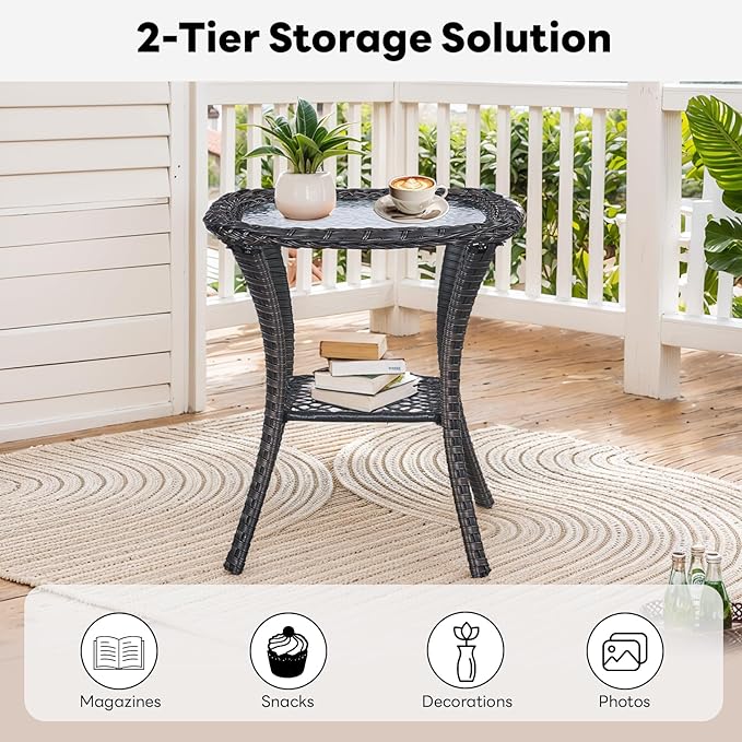 Belord Outdoor Furniture Set Patio Wicker Chairs, 3 Peices Porch Rattan Furniture with Side Table, Deep Seating Patio Bistro Chair Sets (Grey Cushion)