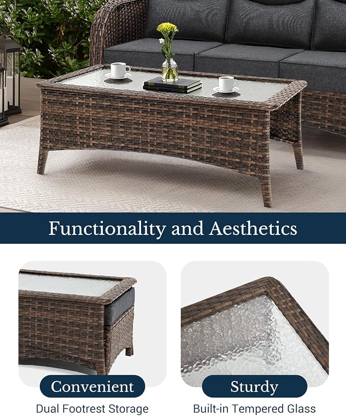 HILLGA Luxury High Back Patio Furniture Set with 6-Inch Thick Cushion, 7-Piece Outdoor Conversation Set with Sofa, Swivel Rocker Chairs & Ottomans, Ideal for Porch Pool Deck Yard (Dark Grey)