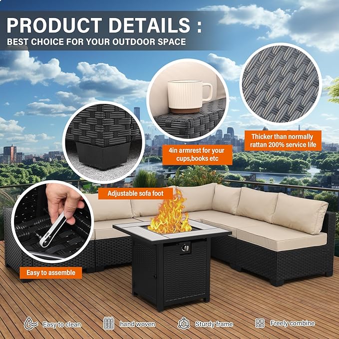 Valita Patio Furniture Set 30 Inches Fire Pit 7-Piece Outdoor Sectional Patio Couch 50000 BTU Steel Propane Fire Pit Table with No-Slip Cushions and Waterproof Cover, Khaki