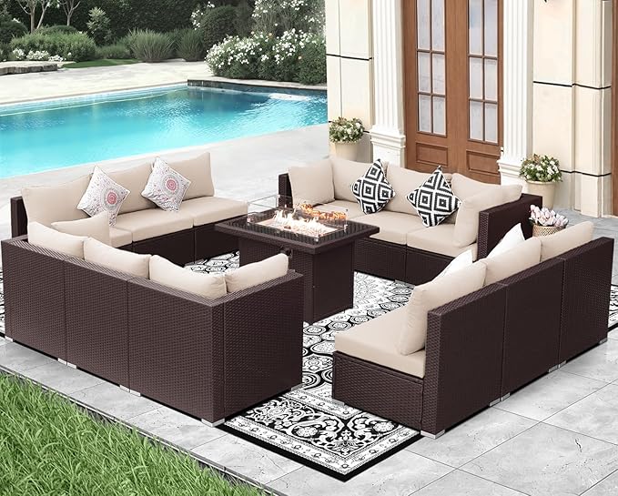 NICESOUL 13 Piece Patio Furniture w/Fireplace, Elegant Outdoor Seating w/Firepit, XL 29.3'' High Back Sectional Sofa, All-Weather Rattan Deck Couch, Modular Sturdy Conversation Set, Brown & Beige