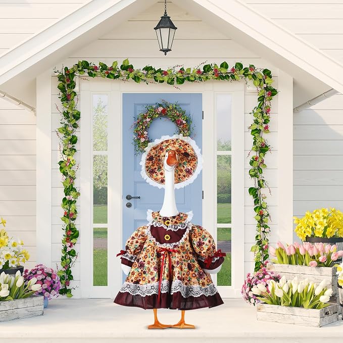 Soulchen 1 Set Fall Porch Goose Outfit 23" Thanksgiving Sunflower Cement Goose Clothes Dress and Hat Costume Set for Autumn Yard Lawn Outdoor Garden Patio Decor