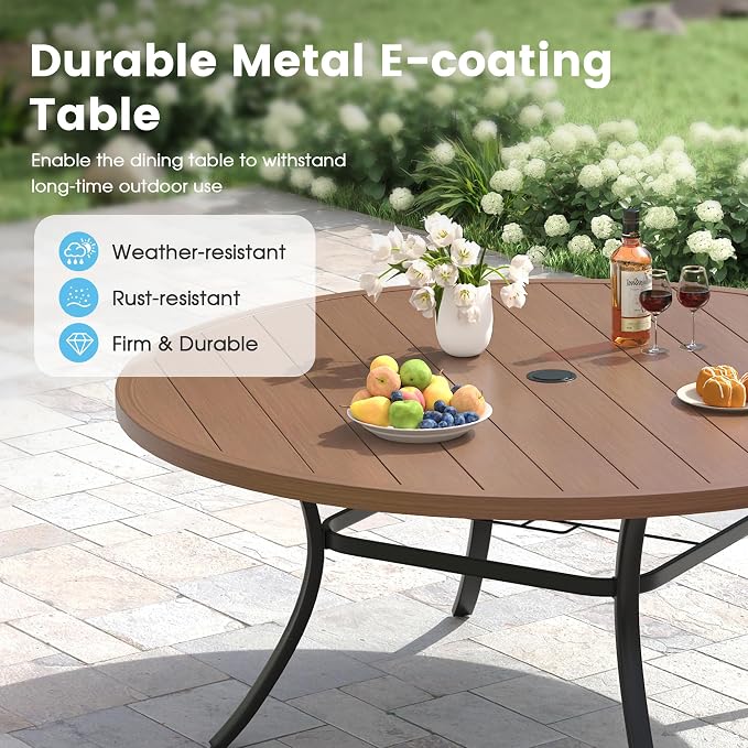 Patio Dining Table for 8-10, Round Metal Outdoor Table with 1.57" Umbrella Hole, 63" Outdoor Slat Tabletop Dining Table for Backyard, Porch, Lawn, Walnut