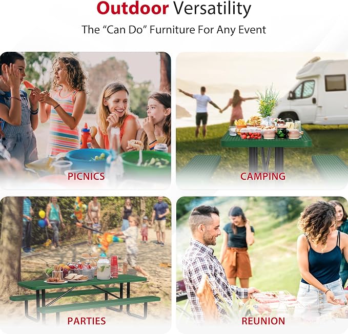 Leisure Craft Metal Picnic Table with Bench - 8 ft Rectangle Outdoor Dining Table for 8, Umbrella Hole, Weatherproof Heavy Duty Thermoplastic Coating, Commercial Grade Furniture Made in USA - Green