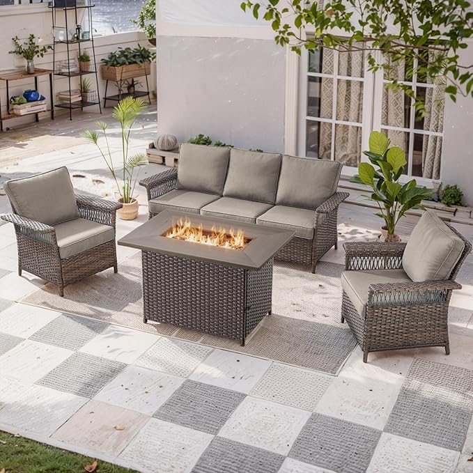 Patio Furniture Set with Fire Pit Table, 4PCS Conversation Set Brown Resin Wicker Chair and Sofa with 41in Rectangular Firepit Table PE Rattan Furniture Set