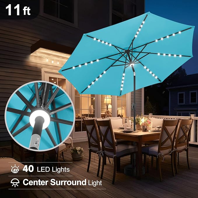 FLAME&SHADE 11 FT Solar Light Patio Umbrella, 40 LED lights outdoor umbrella with Centre Surround Light, Table Market Umbrella for Deck, Pool, Porch, Backyard, Garden, UV Protection, Aqua Blue