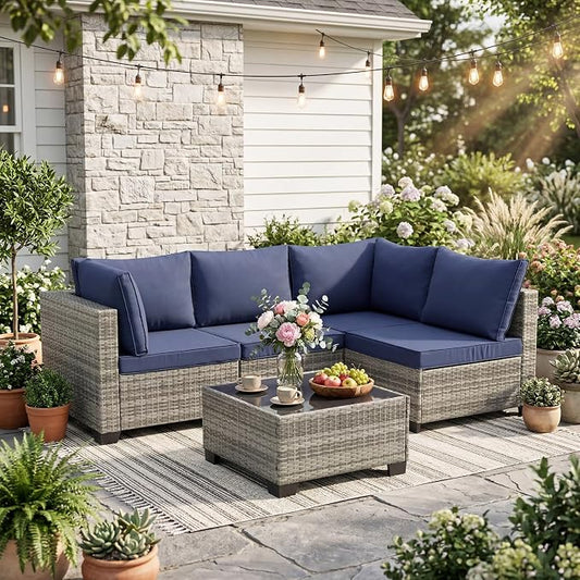 ANJ 5 Piece Outdoor Wicker Patio Furniture Set, Modular Loveseat Sofa with with Glass Top Coffee Table, All-Weather Rattan Conversation Couch Set for Balcony, Backyard, Light Grey Wicker-Blue