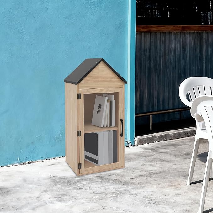 Outdoor Library Box, 13X11X30inch Wood Literature Exchange Box DIY Little Wood Cabinet with Waterproof Roof and Shelf for Outside Neighborhoods Community and Schools Sharing Books (Gable Roof)