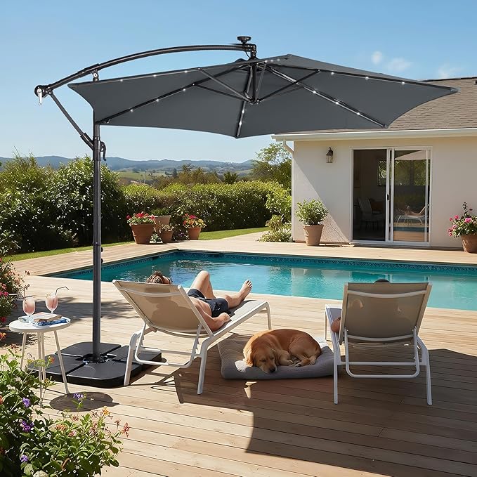 VINGLI 10 ft Cantilever Patio Umbrella, Offset Cantilever Outdoor Umbrella with Solar Lights, Easy Crank & Tilt Adjustment for Backyard, Poolside, Deck