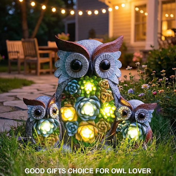 Candieslife Solar Garden Statue Owl Decor – Cute Owl Family Figurines with LED Succulent Lights, Waterproof Outdoor Yard Art Ornaments for Patio, Lawn, Porch, Housewarming Gifts for Women Mom