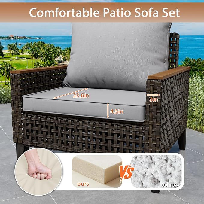 7 Piece Patio Sectional Sofa Furniture Set, All-Weather Wicker Rattan Outdoor Conversation Set with High Back and Thick Cushions, for Garden, Porch, Poolside, Gray