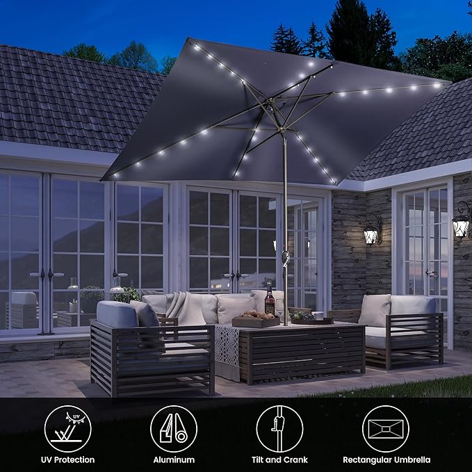 MONDAWE Rectangular Market Umbrella with Lights 10 x 6.5 FT Outdoor Solar LED Patio Umbrella Tilt and Crank Aluminum Commercial Table Umbrella for Pool Backyard Balcony
