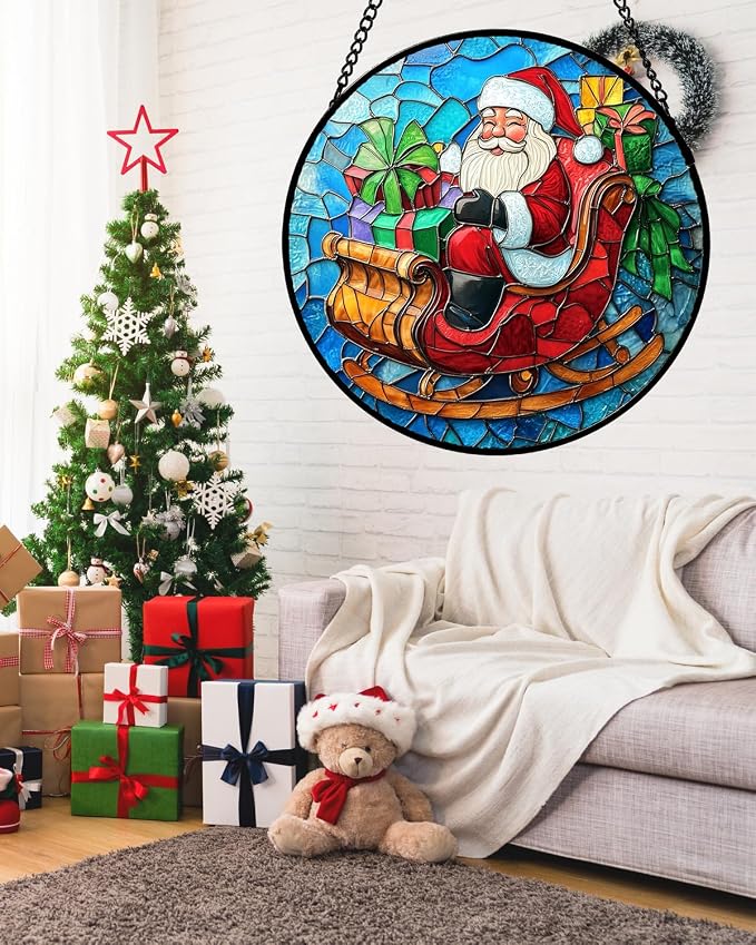 DASTOLL Stained Glass Window Hanging - Red Santa Claus Gift Box Suncatcher for Doors Home Christmas Decoration Winter Sun Catcher Thanksgiving New Year Birthday Gift for Women Men Mom Nana 6.3 in