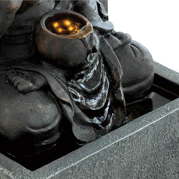 Zen Fengshui 28" Outdoor Buddha Water Fountain with LED Lights – Freestanding Resin Waterfall Statue, Asian Fengshui Decor for Garden, Patio, Backyard & Home, Relaxing Gift