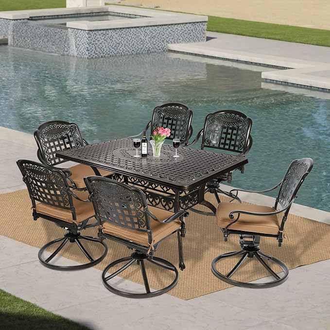 VIVIJASON 7-Piece Outdoor Furniture Dining Set, All-Weather Cast Aluminum Patio Conversation Set, Include 6 Swivel Dining Chairs and a Rectangle Table with Umbrella Hole for Lawn Garden Backyard