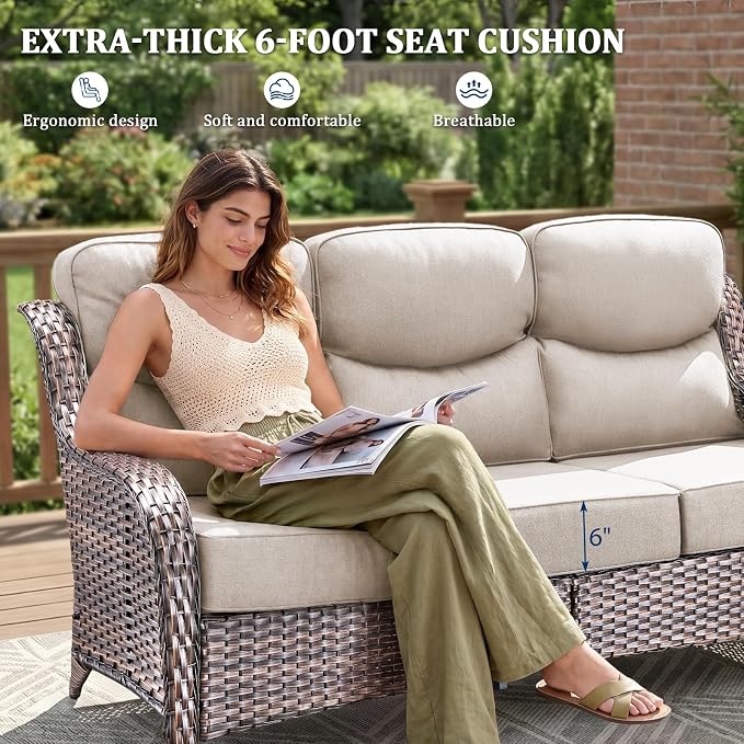 Luxury Swivel Rocker Chairs Sofa Set with 6" Thick Cushion 5 piece Wicker Outdoor Patio Chair with Coffee Table High Back Comfortable Outdoor Patio Furniture Set - Brown | Beige