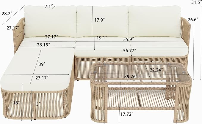 VilroCaz Outdoor PE Rattan Patio Furniture Sectional Sofa Set with Iron Frame, All-Weather Beige Wicker Conversation Set with Thick Cushions and Coffee Table for Garden Backyard Balcony