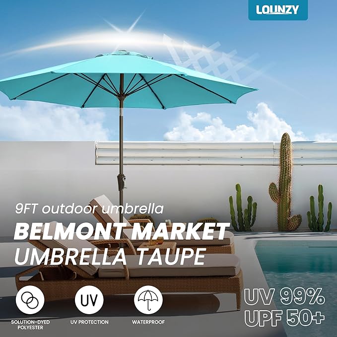 LOUNZY 9FT Large Outdoor Patio Umbrella Table Umbrella-UV Resistant,Easy Push Button Tilt and Crank,8 Sturdy Fiberglass Ribs Pool Umbrella for Patio,Backyard,Deck,Yard,Market