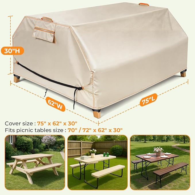 Patio Picnic Table Cover Waterproof, 70 / 72 Inch Patio Picnic Table Bench Cover, Heavy Duty 420D Oxford Fabric Anti UV Windproof with Adjustable Straps Air Vent, Fits 6 FT Picnic Tables, Khaki