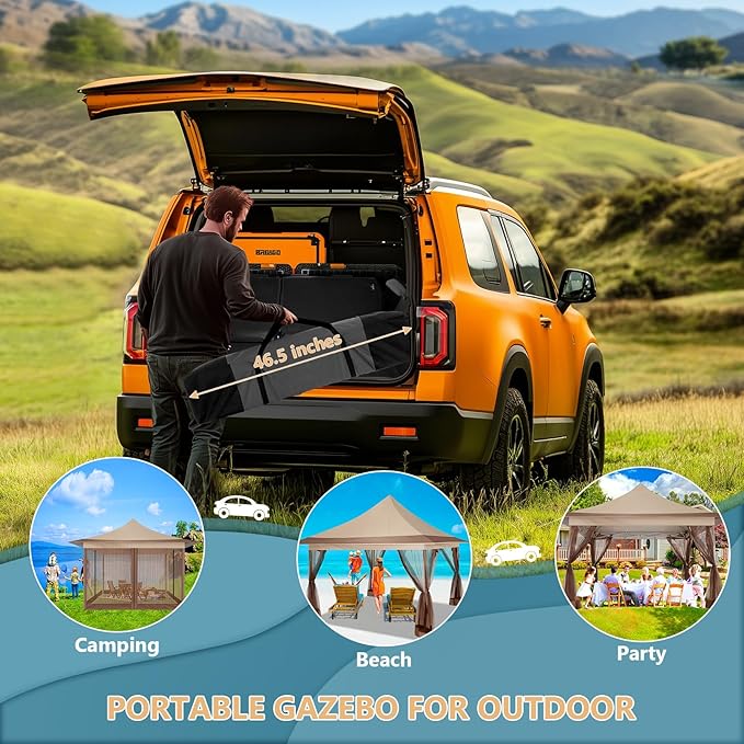 COBIZI 12x12 Pop Up Gazebo On Clearance,Outdoor Canopy Tent with Mosquito Netting,UPF50+,Adjustable Height and 144 Square ft of Shade for Party, Backyard, Gardens with Superior Peaked Roof（Khaki）