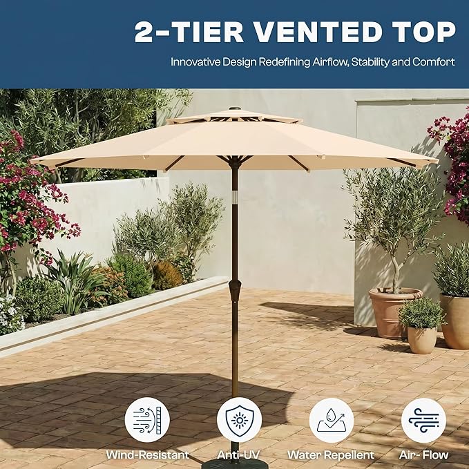 Patio Umbrella, 2 Tier Outdoor Table Umbrella, Large Vented Market Umbrellas with Push Button Tilt and Crank, 8 Sturdy Ribs for Backyard, Deck, Pool, UPF50+ UV Protection
