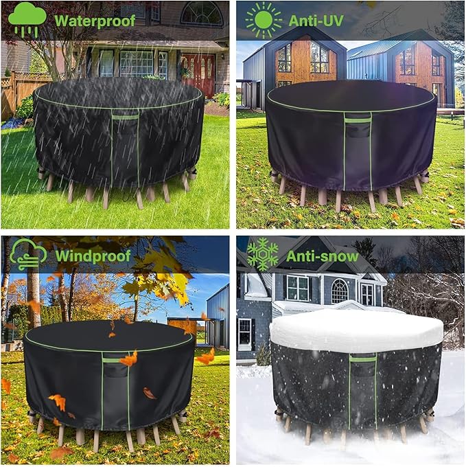 Round Patio Table Cover for Outdoor Table Chairs Set,600D Outdoor Furniture Cover Waterproof,Tear Resistance and Anti-UV,62" Dia x 28" H,Black