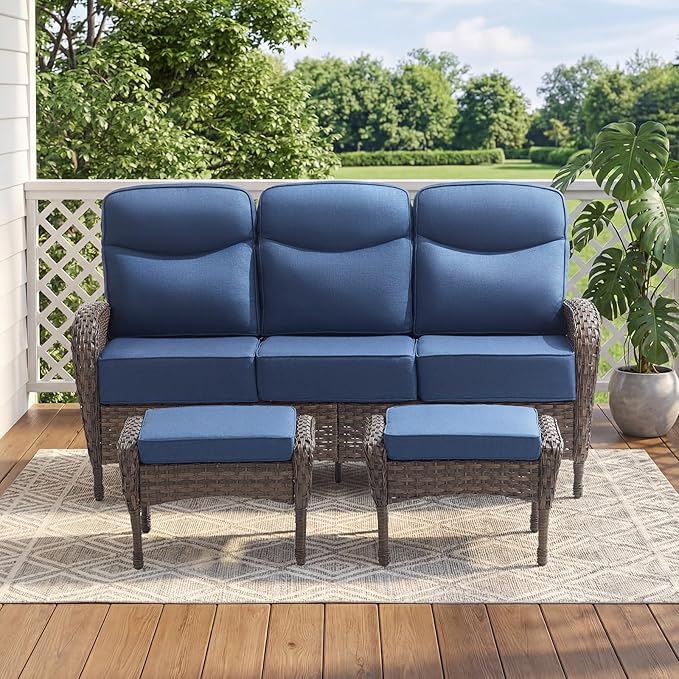 Outdoor Patio Sofa Set (3pcs) with High-Back Design—Thickened Cushions, Sofa Footstool, Patio Set, All-Weather Wicker Patio Furniture Set, Suitable for Balconies and Patios, Available in Brown/Blue