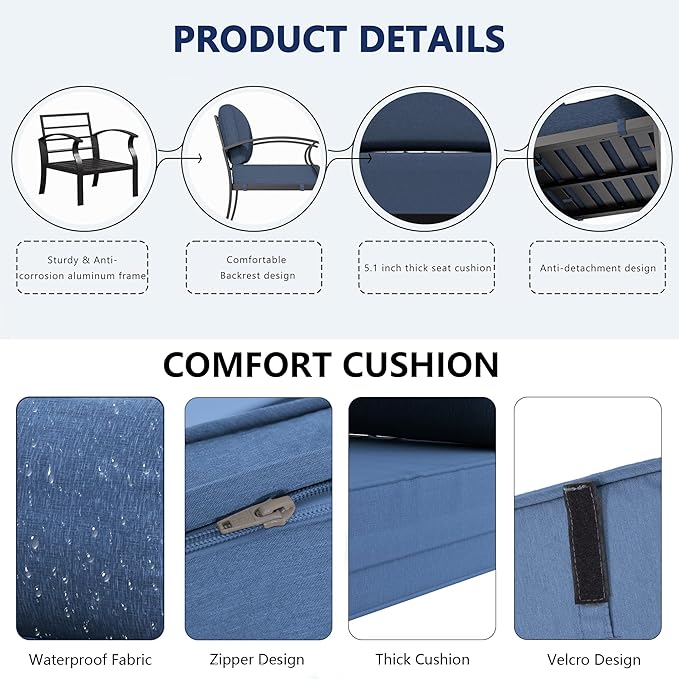 Aluminum Outdoor Patio Furniture Set,4 Pieces 5 Seats Patio Conversation Sets with 45" Propane Fire Pit Table,Metal Patio Sectional Furniture Set with 2 Swivel Rocking Chairs,Navy Blue