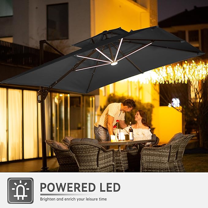 9 X 12 FT Cantilever Outdoor Patio Umbrella with Base Included Large Heavy Duty 360° Rotation Double Top Offset Rectangular Umbrellas with LED Lights for Backyard Outside Deck, Grey