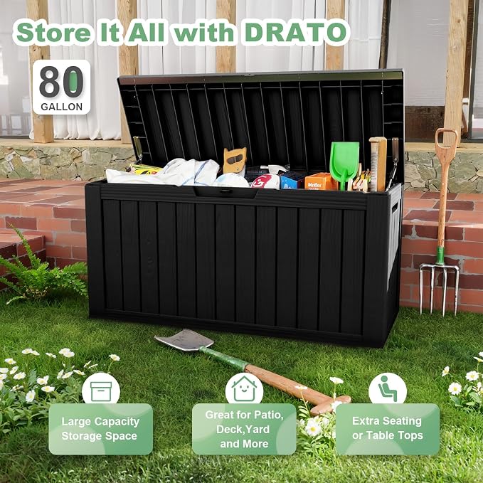DRATO 80 Gallon Large Deck Box, Outdoor Storage Box for Patio Furniture, Patio Cushions, Gardening Tools, Pool Supplies 480lbs Weight Capacity, Waterproof Resin Storage Boxes (Black, 80 Gallon)