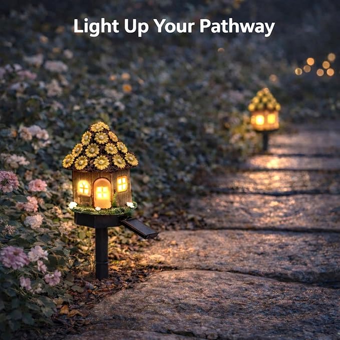 Solar Garden Lights Outdoor, 2 Pack Decorative Solar Daisy Cottage Pathway Lights Waterproof, Resin Fairy Garden Lights for Yard Lawn Patio Decor