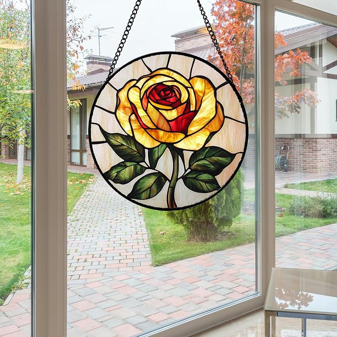 Stained Glass Window Hanging - Elegant Yellow Rose Flower Sun Catcher for Door Garden Home Decor Suncatcher Christmas Mother's Day Birthday Gifts for Women Mom Girl Nana Friend 15 in