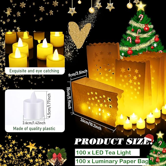 Sabary 50 Sets Luminary Bags with Flameless Tea Lights Outdoor Luminaries LED Lantern Candle Bags for Wedding Birthday Ramadan Christmas Party Decorations Romantic Decor(Star)