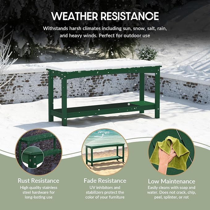 WestinTrends Malibu 55" Outdoor Patio HDPE Adirondack 2-Tier Shelf Console Table, Dark Green