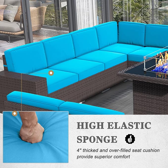 13 Pieces Patio Furniture Set with 44" Propane Gas Fire Pit Table, Outdoor Sectional Brown Rattan Wicker Conversation Sofa Sets with Coffee Table